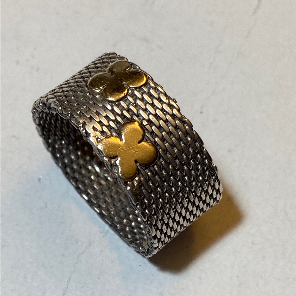925 Sterling Silver Mesh Flexi Ring Band W/Gold Cloverleaf Gold Accents Sz 8